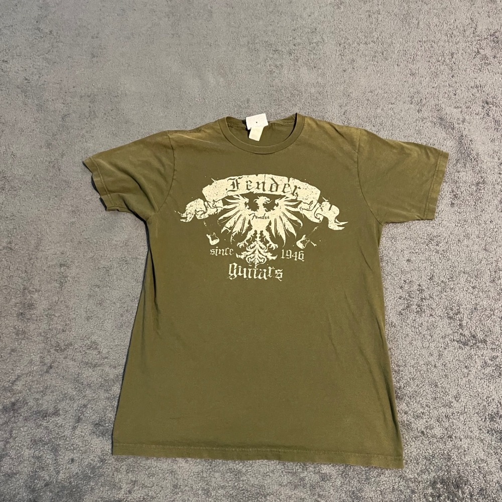 Y2K Fender Guitars Graphic Shirt Mens Medium Olive Green Rock & Roll Eagle Crest